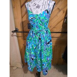 Plenty by Tracy Reese Floral Midi Dress Blue Green Purple Button Front Size 4